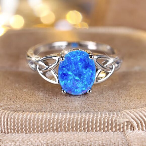 NEW 14k White Gold Blue Opal Diamond Ring Oval Cut Ring - Picture 2 of 4